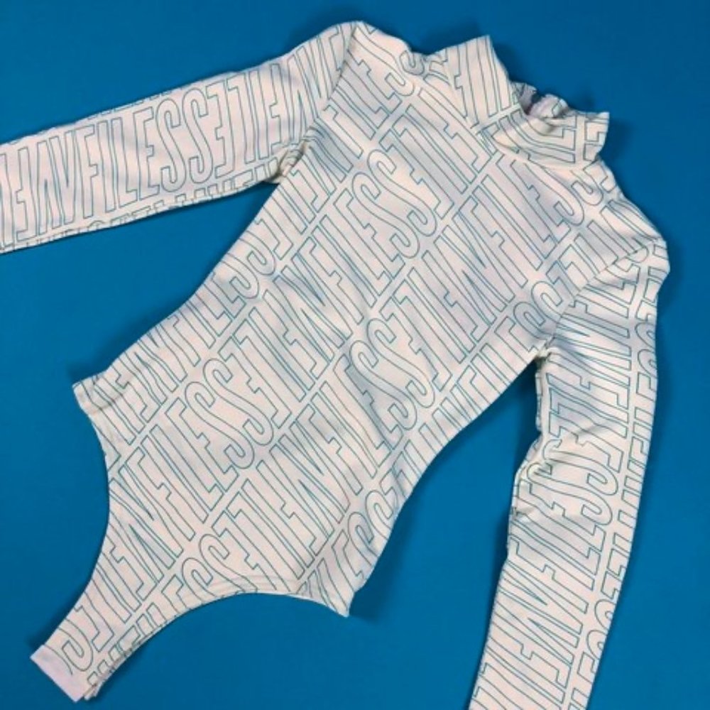 V Files white baby blue all over logo long sleeve mock neck bodysuit